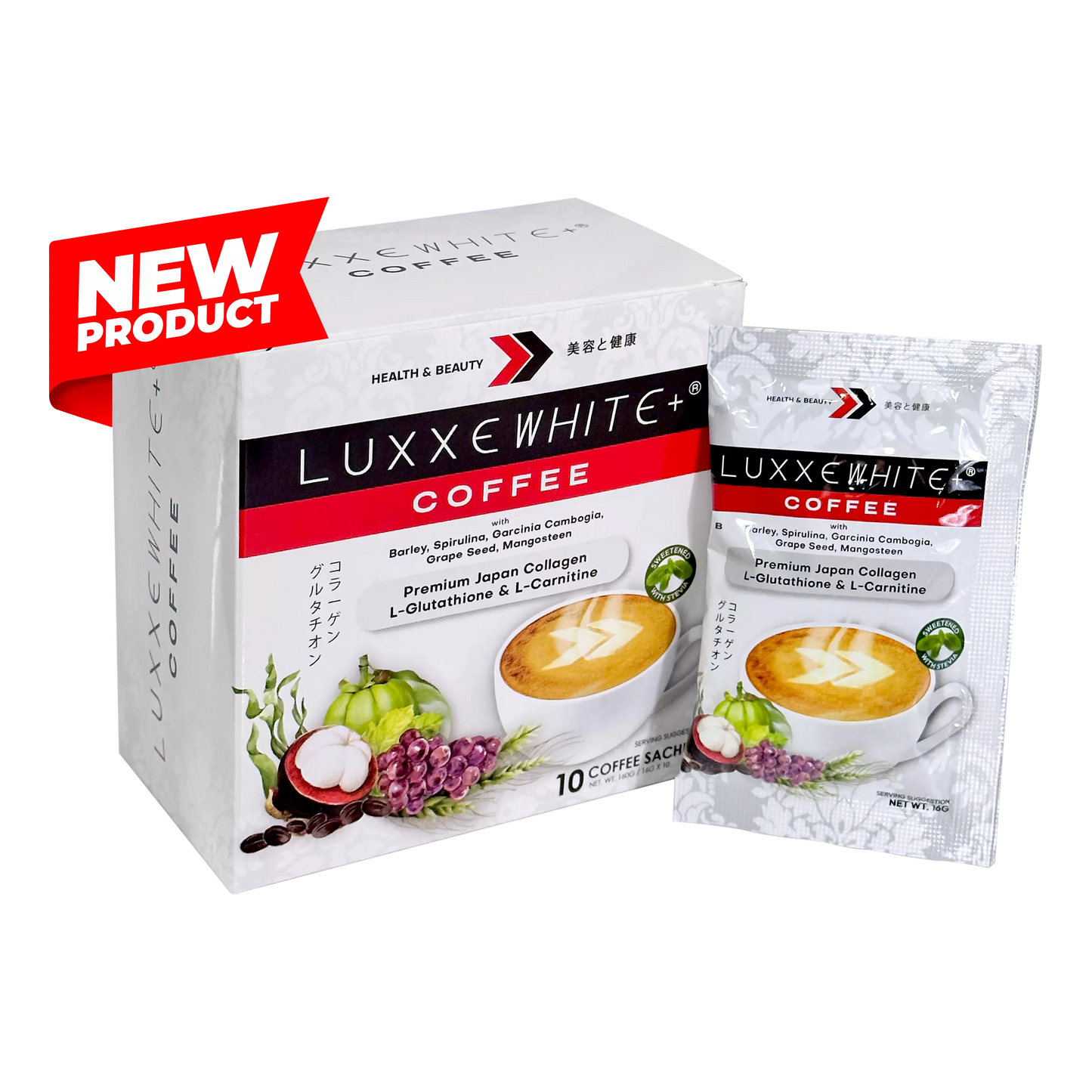 Luxxe White Coffee with Barley, Spirulina, Garcinia Cambogia, Grape Seed, Mangosteen, Premium Japan Collagen, L-Glutathione &, L-Carnitine